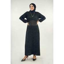 Beli Lastikli Simli Triko Elbise 18322 Siyah-Gold