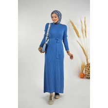 Kalın Fitilli Bel Kuşaklı Elbise 18319 Indigo