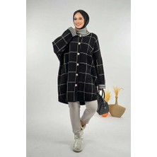 Kare Çizgili Düğmeli Hırka 18329 Siyah-Ekru