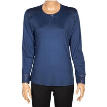 Simay Kadın Flora Ara Beden Kombinli Omzu Düğmeli Indigo Spor Bluz