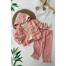 Miniğimin Cicileri Kapitone Kapüşonlu Kız Bebe Işlemeli 3 lü takım - Pudra