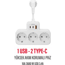 Çoklu Kablolu Priz -Priz Çoğaltıcı-Priz Dönüştürücü 1usb - 2type-C Girişli Yüksek Akım Korumalı Fiş