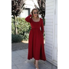 Buketli Kadın Ön & Arka Açık Yakalı Roba Altı Pileli Yırtmaçlı Uzun Kol Penye Uzun Elbise