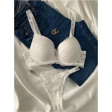 Gold Night Kadın Beyaz Dantelli Taşlı Balenli Destekli Dolgulu Push Up Sütyen Takımı Iç Çamaşırı Takımı