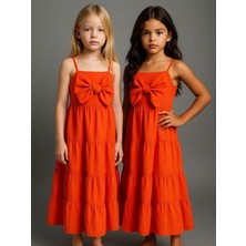 Kız Çocuk Askılı Fiyonklu Dokuma Elbise