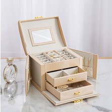 Takı Kutusu Aynalı 2 Çekmeceli Makyaj Masası Üstü Kilitli - Altın Takı ve Mücevher Düzenleyici Mdl-14