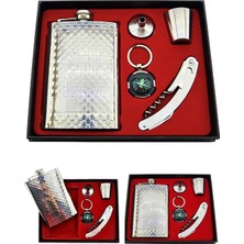 Çelik Matara Hediye Seti Kabartma Kareli Vip Çok Amaçlı Çakı ve Pusula Anahtarlıklı Içki Matara Seti