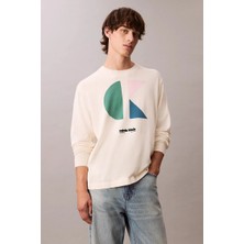 Calvin Klein Jeans Uzun Kollu Renk Bloklu Grafik Pamuklu Beyaz  Erkek Kazak LV04RC303G-YAS