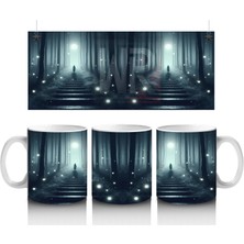 Loş Işıklı Uzun Koridorda Gotik Korku Temalı Cadılar Bayramı Baskılı Kupa Bardak