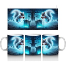 Buz Mavisi Alevlerle Yükselen Hayalet Figürlü Cadılar Bayramı Baskılı Kupa