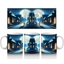 Dolunaylı Sokakta Perili Evler Temalı Gotik Cadılar Bayramı Baskılı Kupa