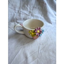 Arche Ceramic El Yapımı Seramik Kupa - Çiçekli - Beyaz - 225 ml - Tekli
