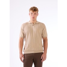 Bej Polo Düğmeli Kısa Kollu Düz Renk Fitilli Slim Fit Erkek Triko