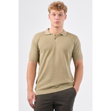 Haki Polo Düğme Yaka Düz Renk Slim Fit Erkek Triko