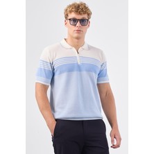 Mavi Çizgili Desen Fermuarlı Polo Yaka Kısa Kollu Slim Fit Erkek Triko