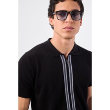 Siyah Polo Fermuar Yaka Düz Kısa Kollu Slim Fit  Erkek Triko
