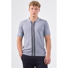 Gri Polo Fermuar Yaka Düz Kısa Kollu Slim Fit  Erkek Triko