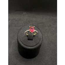 Kırmızı Oval Tektaşlı Gold Ithal Kadın Gümüş Yüzük