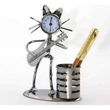 Müzik Çalan Kedi Saatli Metal Kalemlik Vintage Tarz Masaüstü Hediyelik Eşya Dekoratif Biblo Süs Özel Tasarım Müzisyen Kedi Temalı Set