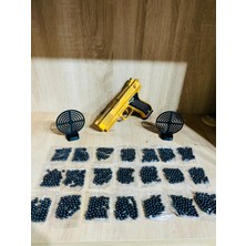 Gold  Renk Boncuklu Oyuncak Tabanca 1 Adet + 2 Adet Hedef 9 cm Siyah +  21 Paket Boncuk