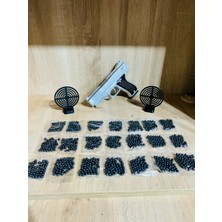 Gümüş Renk Boncuklu Oyuncak Tabanca 1 Adet + 2 Adet Hedef 9 cm Siyah +  21 Paket Boncuk