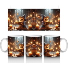 Altın Sarısı Işıklarla Aydınlanan Gotik Kitaplık ve Cadı Masası Temalı Baskılı Kupa