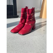 Soreya Mat Deri Triko Bordo Kadın Streç Bot