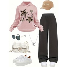 Kids Face Özel Tasarım  Leopar Yıldızı Baskılı Ispanyol Paça Kışlık Kız Çocuk 2 Li Eşofman Takımı