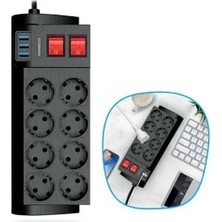 Buğz Isıya Dayanıklı Termal Akım Korumalı 2 Metre 16A 4000W 8li Priz ve 3 USB Li Uzatma Kablosu