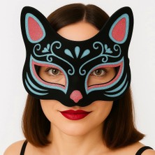 Buğz Siyah Renk Süet Kaplama Üzeri Mavi Kırmızı Simli Kedi Maskesi 17X14 cm