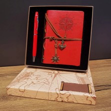 Buğz Kırmızı Pusula Tasarım Deri Defter ve Touchpen Kalem Seti