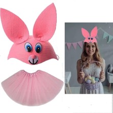 Buğz Tavşan Kostümü Pembe - 23 Nisan Tavşan Şapka ve Tütü Etek Seti 2 Parça