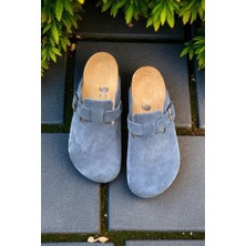 Land Of Cork Unisex Kot Mavi Kapalı Terlik – Hakiki Süet Deri, Doğal Mantar Taban, Anatomik Ark Destekli