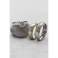 Rodyumlu Kenarı Altın Renkli Çift Gümüş Alyans (Tektaş Hediyeli)