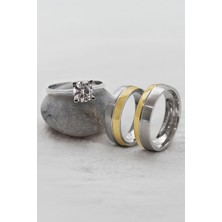 Broseli Altın Renk Şeritli Çift Gümüş Alyans (Tektaş Hediyeli)