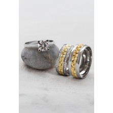 Ortası Altın Renk Yanar Döner Çift Gümüş Alyans (Tektaş Hediyeli)