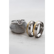 Broseli Altın Renk Şeritli Çift Gümüş Alyans (Tektaş Hediyeli)