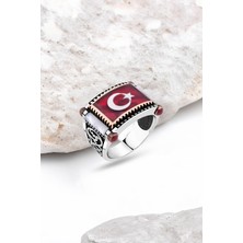 Silverplus Kırmızı Mine Üzeri Ay-Yıldız Yanları Sedef Gümüş Erkek Yüzük