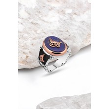 Silverplus Lapis Taşlı Üzeri Tuğralı Gümüş Erkek Yüzük