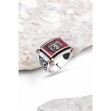 Silverplus Kırmızı Mine Üzeri Çift Başlı Selçuklu Kartalı Yanları Sedef Gümüş Erkek Yüzük