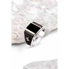 Silverplus Gümüş Özel Kesim Onix Taşlı Kenarları Osmanlı Tuğralı Erkek Yüzük