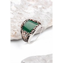 Silverplus ​Gümüş Özel Kesim Yeşil Akik Kenarı İşlemeli Erkek Yüzük