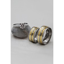 Altın Renk Şeritli Çift Gümüş Alyans (Tektaş Hediyeli)