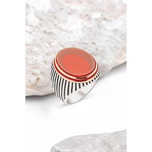 Silverplus Gümüş Akik Taşlı Yanları Mine Süslemeli Çizgili Kasa Erkek Yüzük