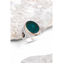 Silverplus Gümüş Yeşil Akik Taşlı Nokta Kasalı Erkek Yüzük