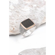 Silverplus Gümüş Siyah Zirkon Taşlı Yanları Osmanlı Tuğralı Erkek Yüzük