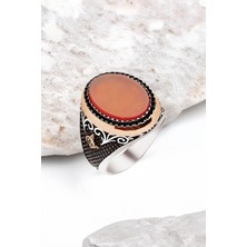 Silverplus Gümüş Akik Taşlı Zirkon Süslemeli Yanları Tuğra İşlemeli Erkek Yüzük