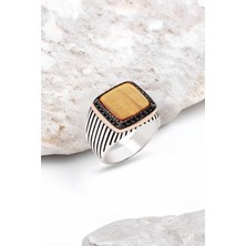 Silverplus Gümüş Kaplan Gözü Taşlı Siyah Zirkon Süslemeli Çizgili Kasa Erkek Yüzük