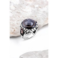 Silverplus Ortası Kesme Siyah Zirkon Taşlı Kenarı Çember Taşlı Gümüş Erkek Yüzük