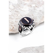 Silverplus Ortası Onix Taşlı Üzeri Elif Kenarı Çember Taşlı Gümüş Erkek Yüzük